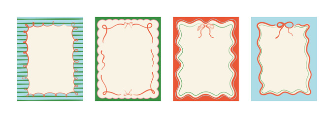 Set of doodle-style Christmas frames with ribbons, bows, and light garlands. Hand-drawn la dolce vita holiday elements in minimalist line art. Trendy borders for festive posters and  invitations
