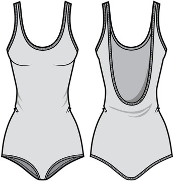 Back Open Leotard Bodysuit Swimsuit Front and Back View. Fashion Flat Sketch Vector Illustration, CAD, Technical Drawing, Flat Drawing, Template, Mockup.
