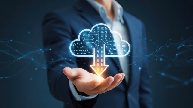 Businessman using a futuristic cloud-based system. The image shows a professional in a suit, with a digital cloud icon in his hand, highlighting data transfer and technology - Powered by Adobe