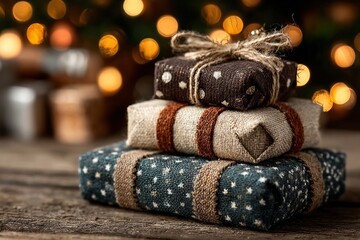 Beautifully wrapped gifts under Christmas tree with festive light bokeh and joyful atmosphere