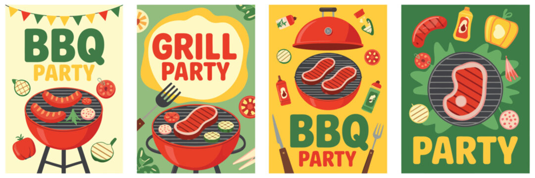 Summer BBQ Poster Collection – Cartoon Outdoor Grill Scenes With Meat, Vegetables, Picnic Moments and Cookout Party Themes Presented in Bright Playful Vector Illustration for Event Cards and Invitatio