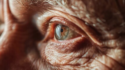 Close-up of an elderly person's green eye with detailed wrinkles and skin texture around the eye area.