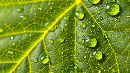close green leaf multiple droplets water its surface droplets glistening light scattered across leaf creating beautiful pattern leaf appears fresh healthy glossy texture vibrant green color