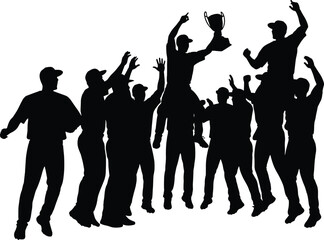 Fototapeta premium Black silhouette of cheering team holding trophy celebrating victory, silhouette, team, victory, celebration, trophy, winning, success, cheering, raising arms, group, people, sports, championship, awa
