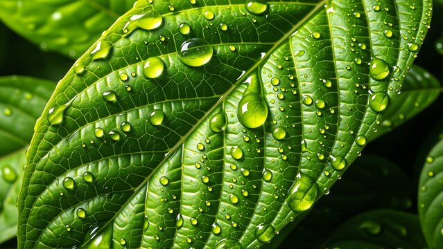 close green leaf water droplets leaf appears fresh healthy glossy texture deep green color droplets glistening light scattered across leaf creating beautiful pattern background blurred making leaf