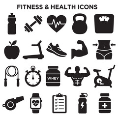 Comprehensive Fitness and Health Vector Icon Set: Gym Equipment & Wellness Symbols