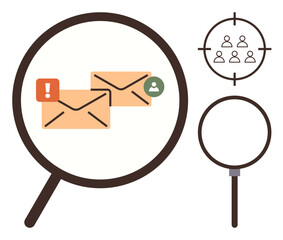Magnifying glass over email with alerts and user icons suggests monitoring, targeting, and communication. Ideal for email security, digital marketing, analytics, fraud detection, prioritization