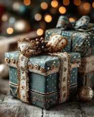 Beautifully wrapped gifts with bows under a decorated pine Christmas tree with lights and bokeh
