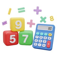 Calculator with colorful math blocks and symbols for education isolated on transparent background