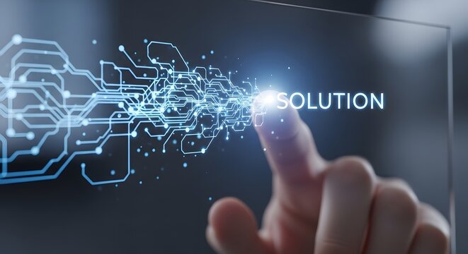 Finger touching solution on digital screen with glowing circuit board pattern