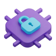 Digital data protection: chip with padlock securing information isolated on transparent background