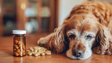 Brown dog lying on wooden table near bottle and scattered pills, concept of pet medication and health care.