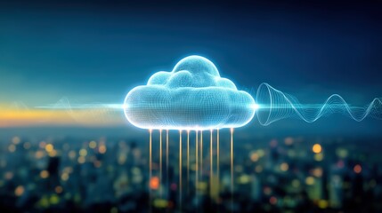 Digital cloud computing revolutionizes urban landscapes cityscape technology visualization nighttime futuristic concept