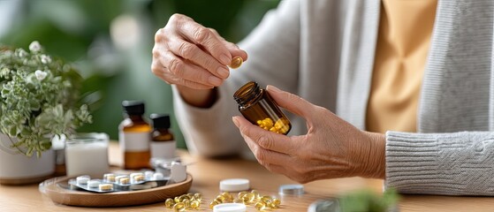 Elderly woman carefully sorts colorful vitamins and supplements with focus, showcasing the importance of health and wellness