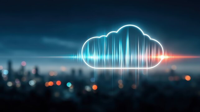 Cloud technology innovation digital urban landscape graphic design nighttime cityscape futuristic concept