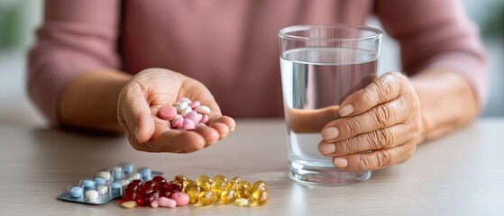 Hands gently hold pink tablets while a glass of water sits close, indicating care and attention to health and wellness routines