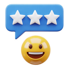 Happy emoji with three stars rating feedback review icon 3d render isolated on transparent background