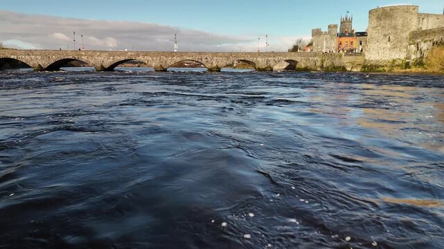 Aerial View of King John&rsquo;s Castle and Stone Bridge Over the River Shannon