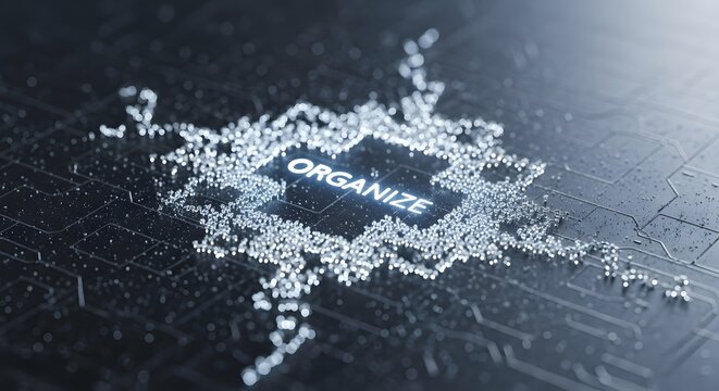 Organize concept with scattered letters forming the word on a dark surface