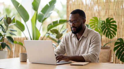 Relaxed African American freelancer with glasses typing on a computer in a bright, natural environment balcony.