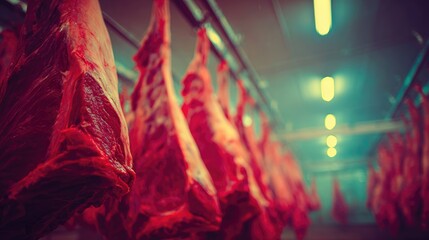 Close-Up View of Fresh Beef Carcasses Hanging in Processing Facility
