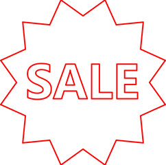 A simple red outline of a starburst shape with the word SALE written inside on a white background.