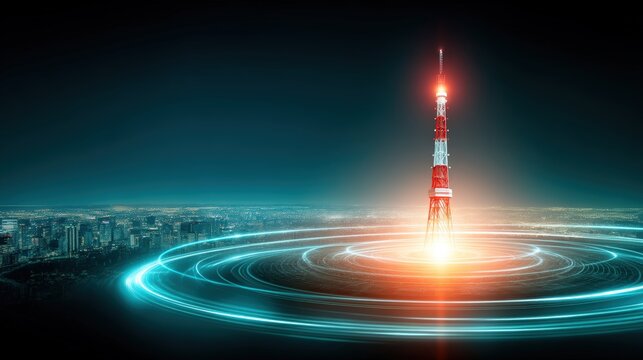 Telecommunication tower launching signal urban city skyline digital art nighttime environment futuristic viewpoint connectivity concept - Powered by Adobe