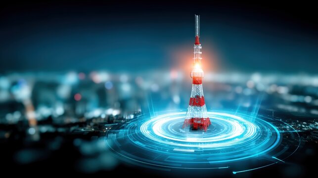 Illuminated communication tower at night urban cityscape digital art high-tech environment aerial perspective futuristic concept
