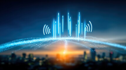 Innovative soundwave technology transforming urban landscapes city skyline digital art evening glow aerial perspective futuristic concepts