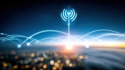 Telecommunication signal transmission urban cityscape digital art nighttime aerial view connectivity innovations for future networks