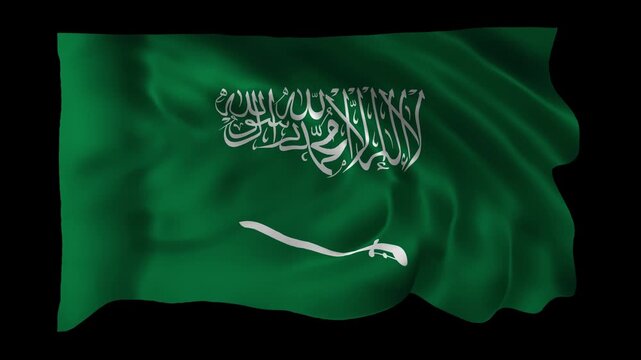Realistic Saudi Arabia flag waving in a seamless loop with alpha channel for overlays perfect for Saudi National Day, cultural events, government celebrations, and 4K compositing