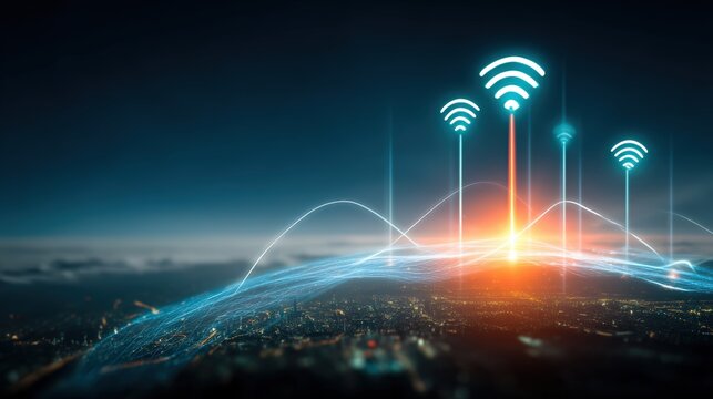 Innovative wireless technology advancements in urban environments futuristic visualization digital art cityscape aerial perspective connectivity concepts