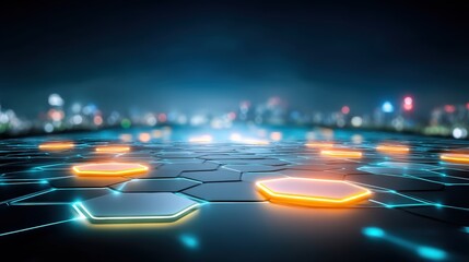 Futuristic network interaction digital cityscape graphic visualization nighttime environment aerial view technology concept
