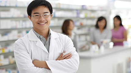 A friendly healthcare worker stands confidently in a well-organized store, ready to assist customers with their needs and inquiries