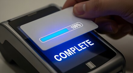 Contactless payment terminal with card and complete message on screen for transaction