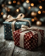 Beautifully wrapped gifts with bows under a decorated pine Christmas tree with lights and bokeh