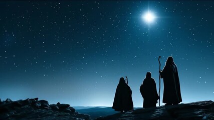 Three men follow the Star of Bethlehem across a starry night landscape, representing the biblical story of Christmas - Powered by Adobe