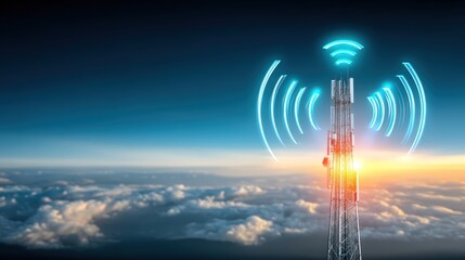 Telecommunication tower emitting signals above the clouds aerial view technology sunset sky connectivity enhancement