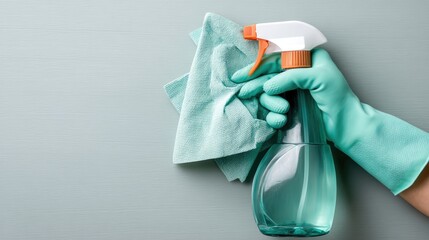 Cleaning surface with a spray bottle and cloth while wearing green gloves to maintain a tidy and fresh space at home