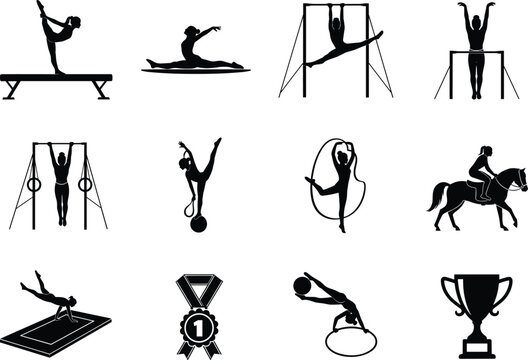 Silhouette set of gymnastics and equestrian sports icons, gymnastics, silhouette, equestrian, horse riding, balance beam, floor exercise, uneven bars, parallel bars, rings, ribbon, ball, hoop, medal, 
