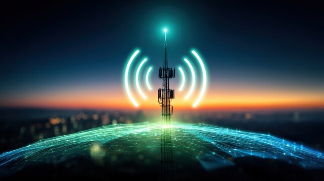 Telecommunication tower emitting signals at sunset urban landscape digital art futuristic viewpoint connectivity concept