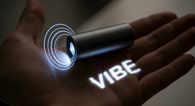 Hand holding a projector displaying the word vibe with concentric light rings