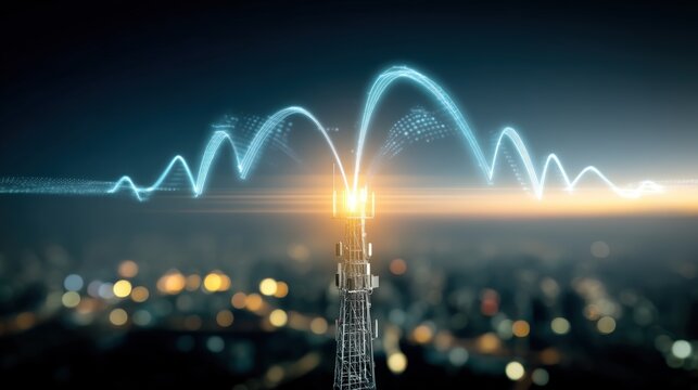 Wireless communication tower city skyline digital art nighttime aerial view technological innovation
