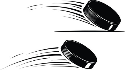 Two black hockey pucks in motion with motion lines, hockey puck, ice hockey, sport, game, black and white, motion, speed, action, dynamic, graphic, illustration, icon, symbol, puck, ice sport, winter 