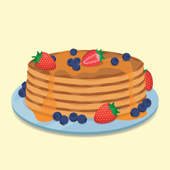 Vector Illustration of Pancakes with Syrup, Topped with Strawberries and Blueberries on a Blue Plate. Ideal for Breakfast, or Food-Related Themed.