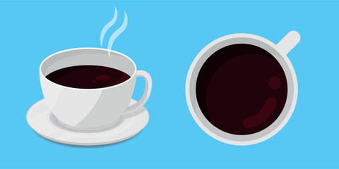 Two Illustrations of Hot Coffee Cup - Side and Top View Showing Dark Coffee. Ideal for Morning, Breakfast, or Coffee Shop Themes.