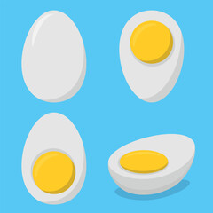 Four Illustrations of Boiled Eggs in Flat Design - Whole and Halves, With Yolk Visible in Top and Side View. Ideal for Breakfast, or Food-Related Themed.