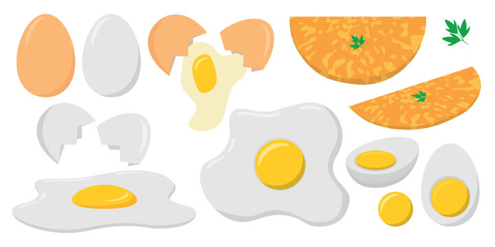 Eggs Variety Set - Boiled, Fried, Omelette, Shell and more in Different Angles. Ideal for Breakfast or Food Concepts.