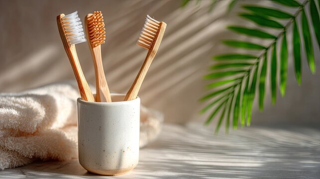A collection of bamboo toothbrushes arranged inside a simple cup, surrounded by fresh green leaves, promoting eco-friendly hygiene