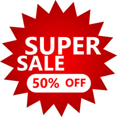 Red starburst sticker or icon with Super Sale 50% Off text for retail promotion.